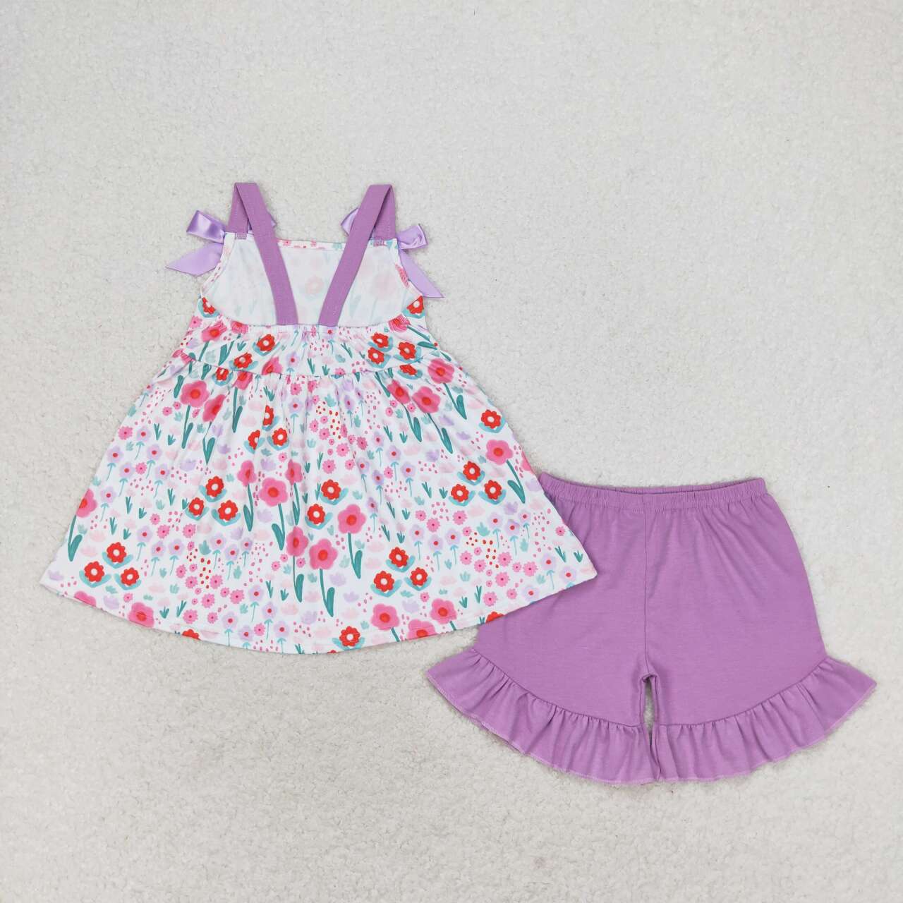 GSSO0992 Floral purple lace bow sleeveless shorts suit