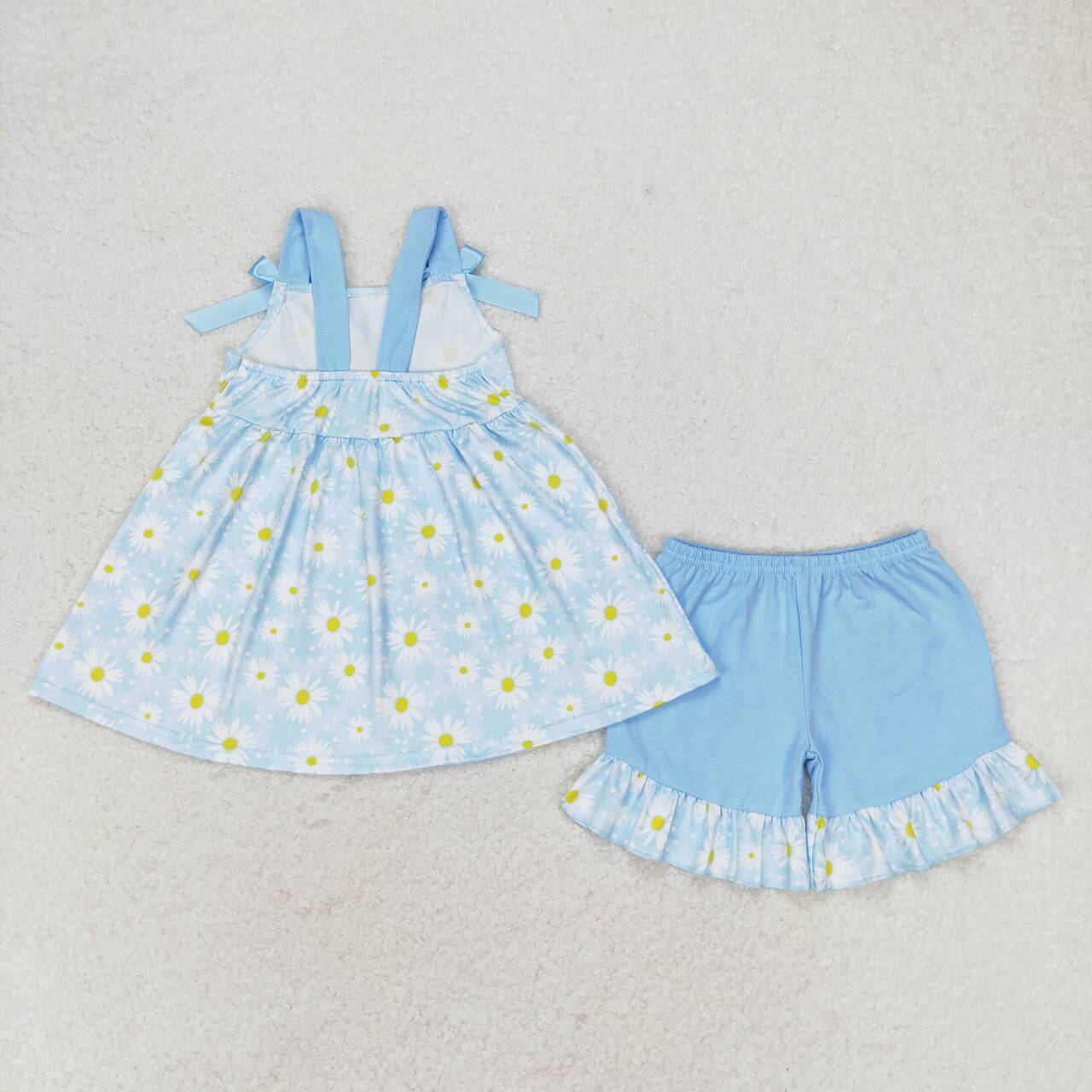 GSSO0993 Small daisy flower blue lace bow sleeveless shorts suit