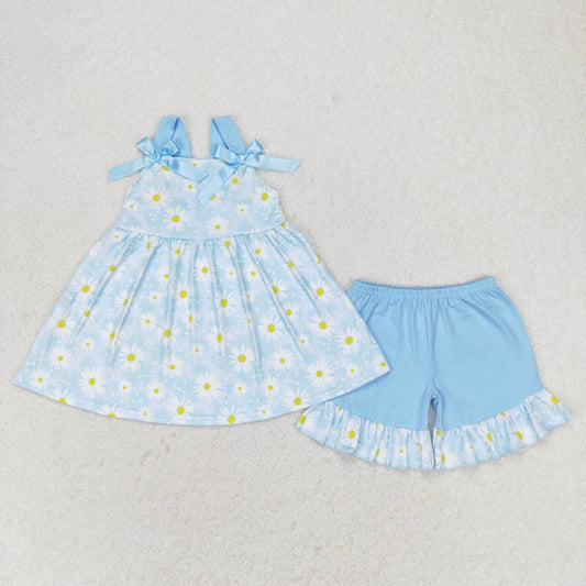 GSSO0993 Small daisy flower blue lace bow sleeveless shorts suit