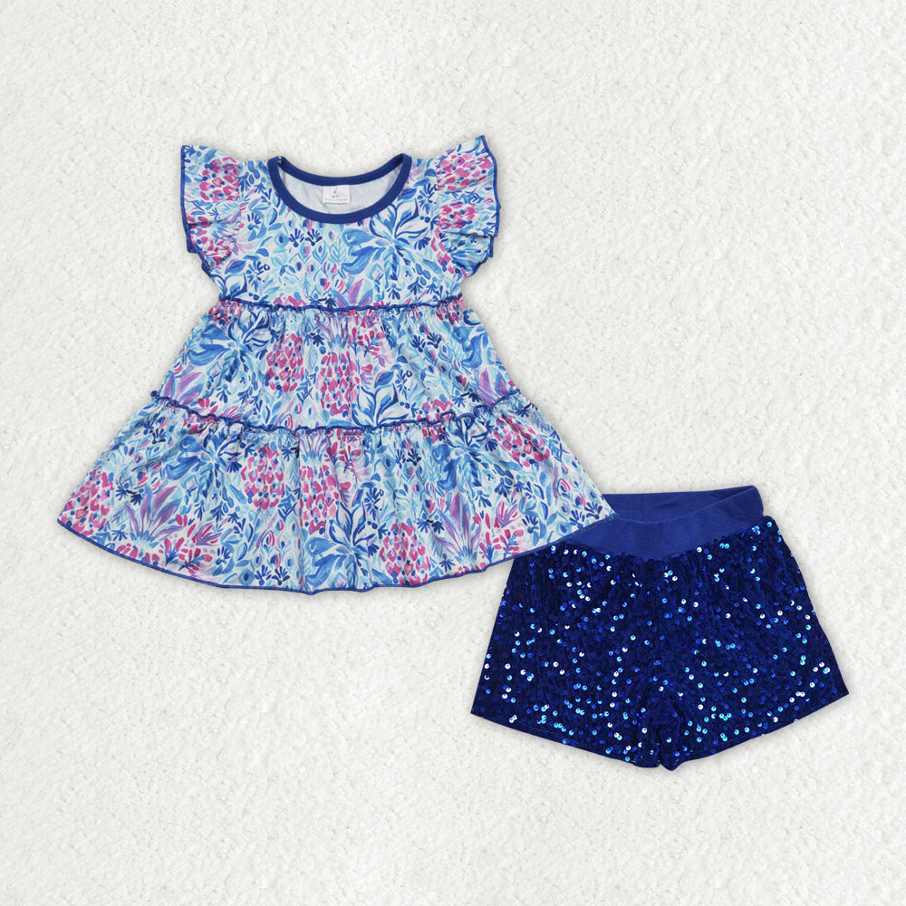 Blue Floral Tunic Top Royal Blue Sequin Shorts Set