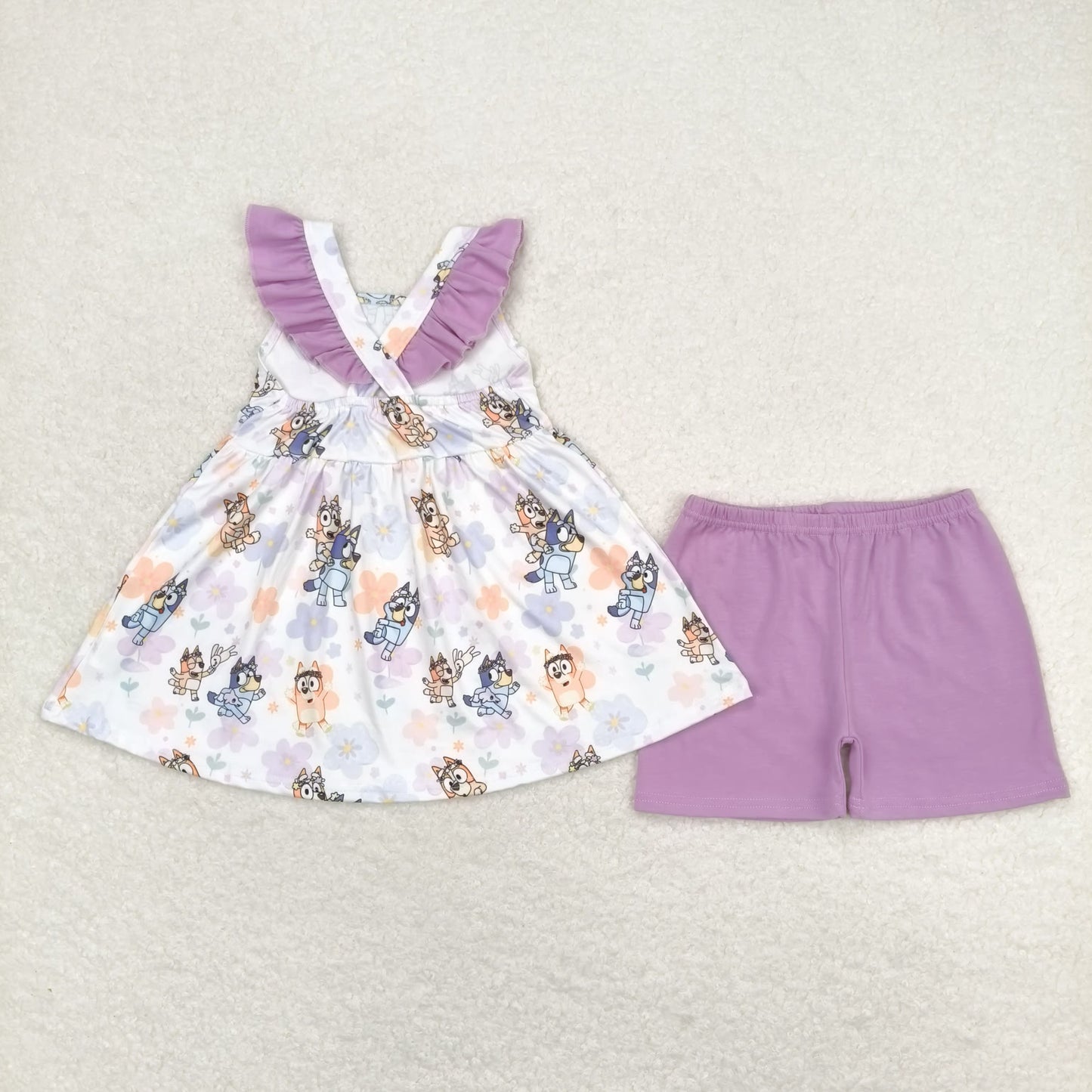 GSSO0998 Floral purple flying sleeve shorts suit