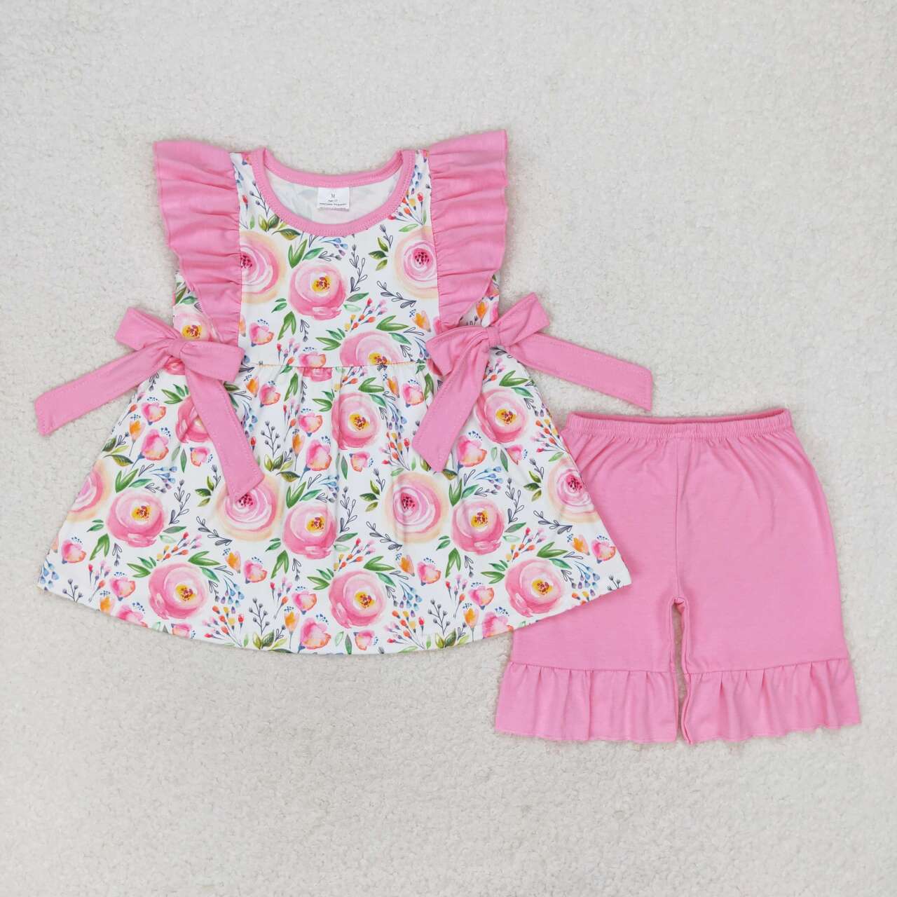 GSSO1003 Floral pink lace bow sleeveless shorts suit