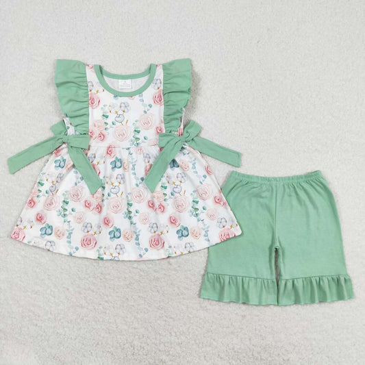 GSSO1004 Floral green lace bow sleeveless shorts suit
