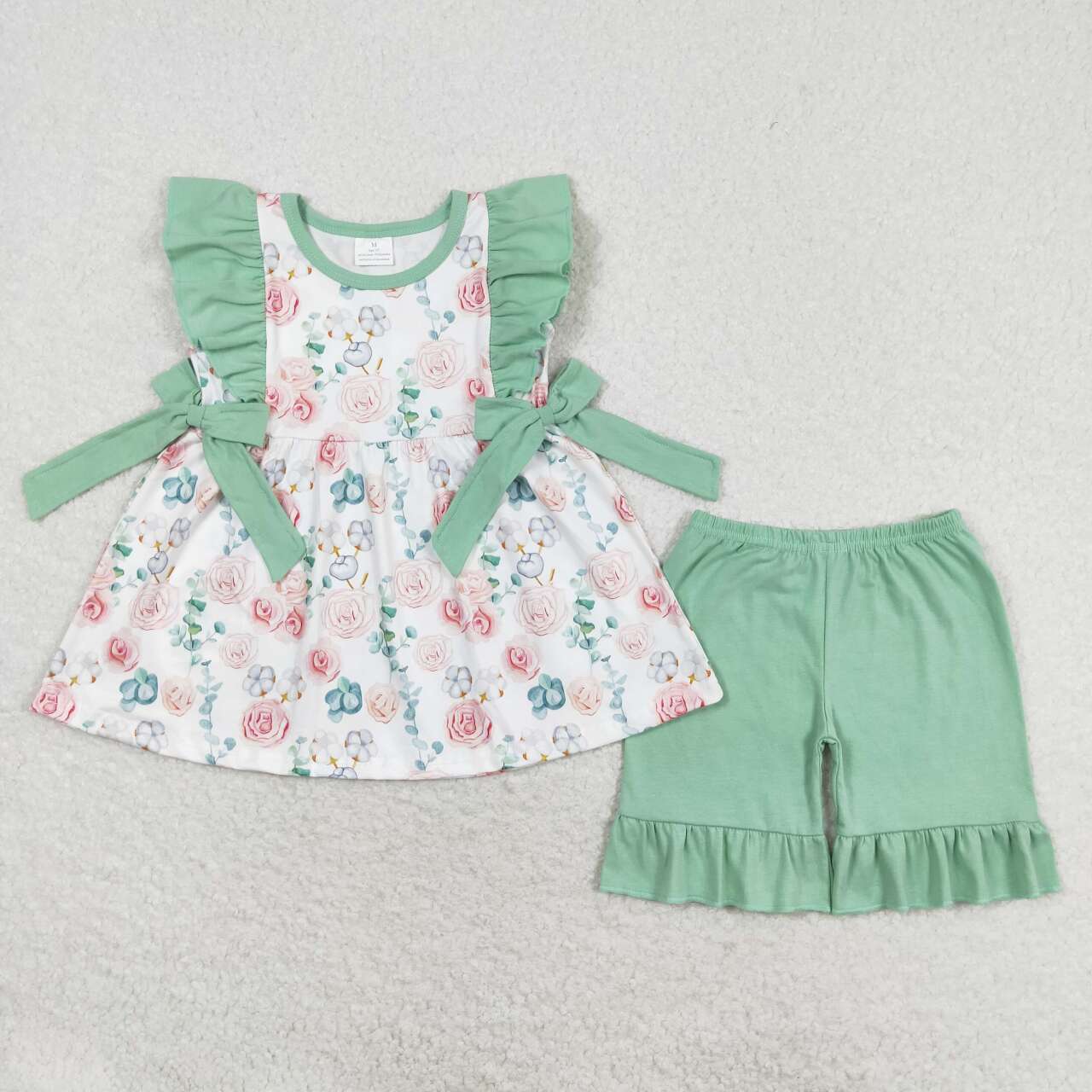 GSSO1004 Floral green lace bow sleeveless shorts suit