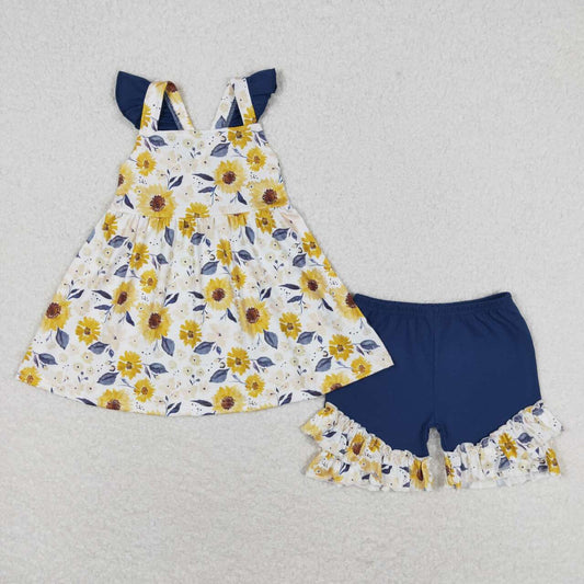 GSSO1006 Floral navy blue lace sleeveless shorts suit
