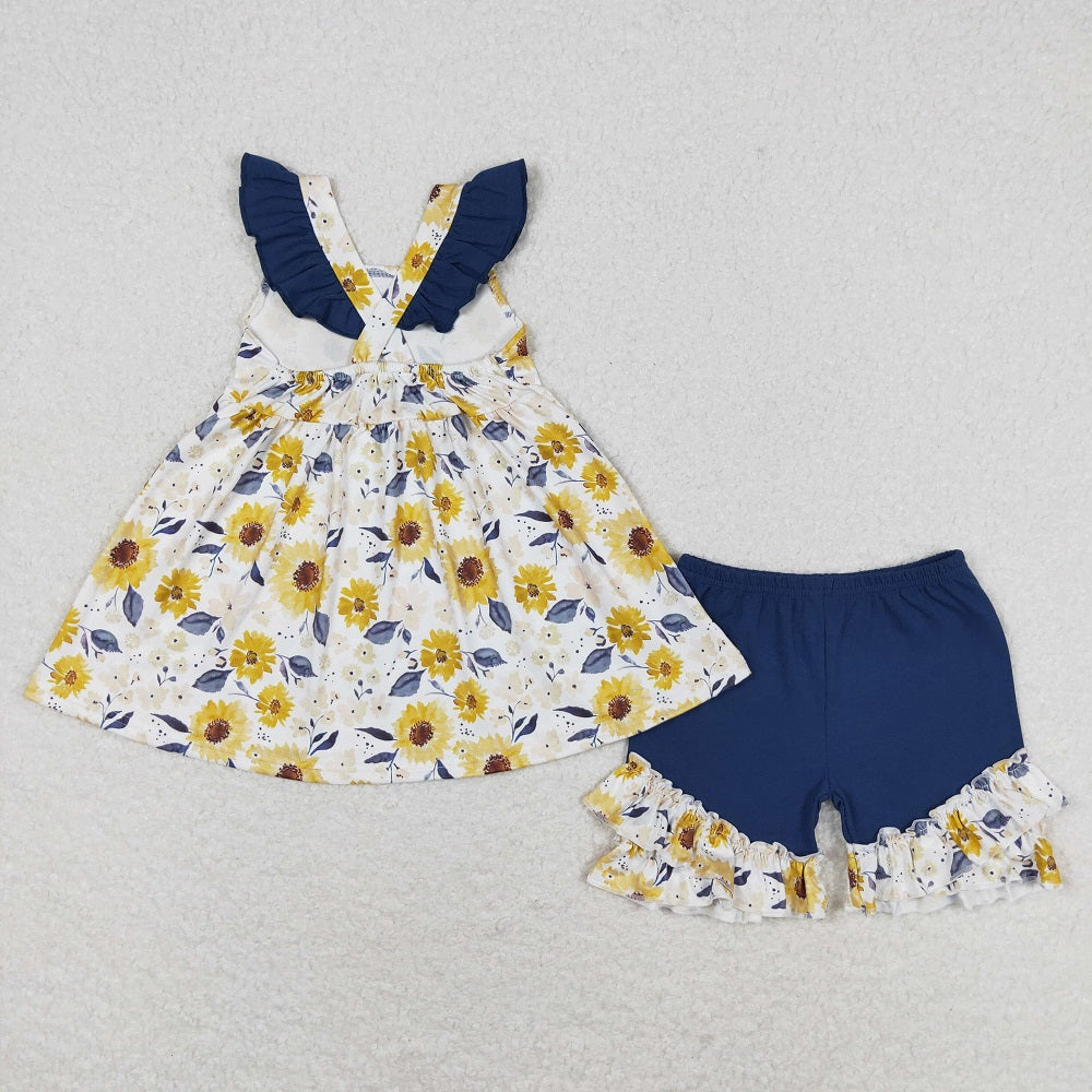 GSSO1006 Floral navy blue lace sleeveless shorts suit