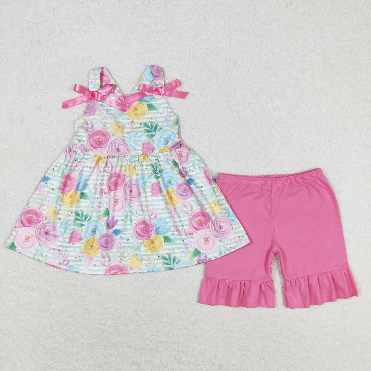 GSSO1007 Colorful floral striped pink bow sleeveless shorts suit