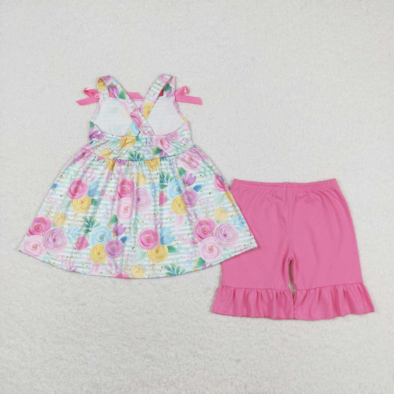 GSSO1007 Colorful floral striped pink bow sleeveless shorts suit