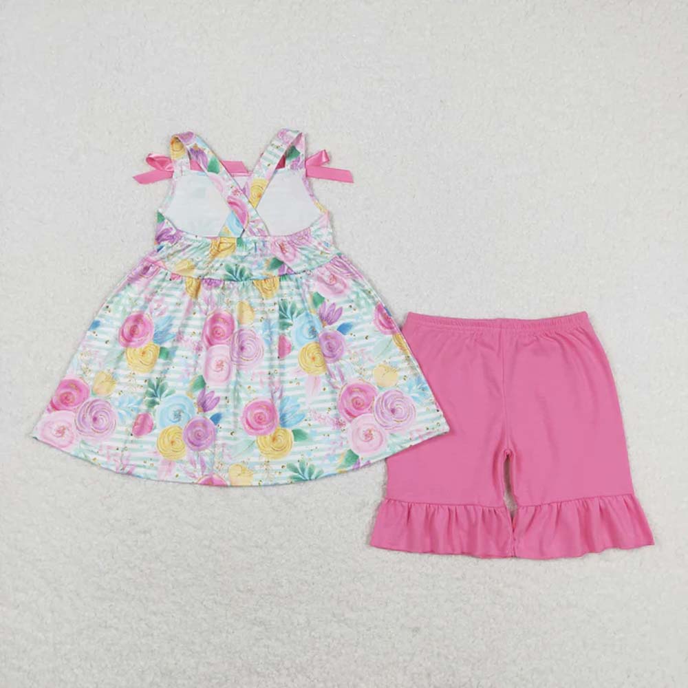 Sibling Baby Girls Straps Floral Tunic Ruffle Shorts Summer Clothes Sets  D 6.26