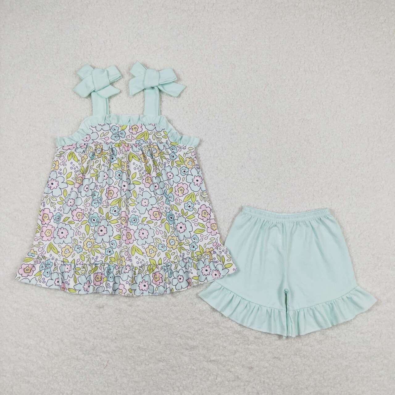 GSSO1018 Floral light blue lace suspender shorts suit
