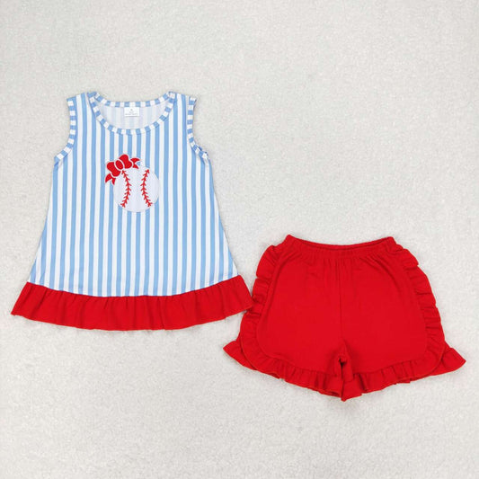 GSSO1019 Bow tie baseball blue stripe sleeveless red shorts suit