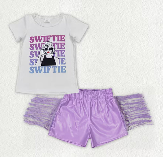 GSSO1029 Letter White Short Sleeve Purple Shiny Leather Tassel Shorts Set