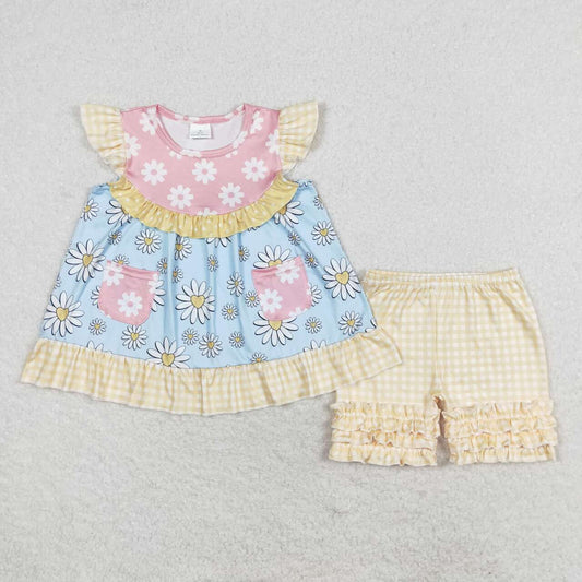 GSSO1036 Flower pink blue flying sleeves yellow plaid shorts suit