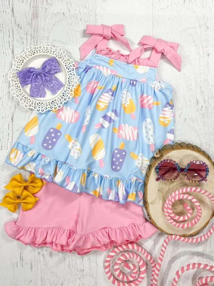 pre-order GSSO1037 Ice Cream Blue Suspender Pink Shorts Suit