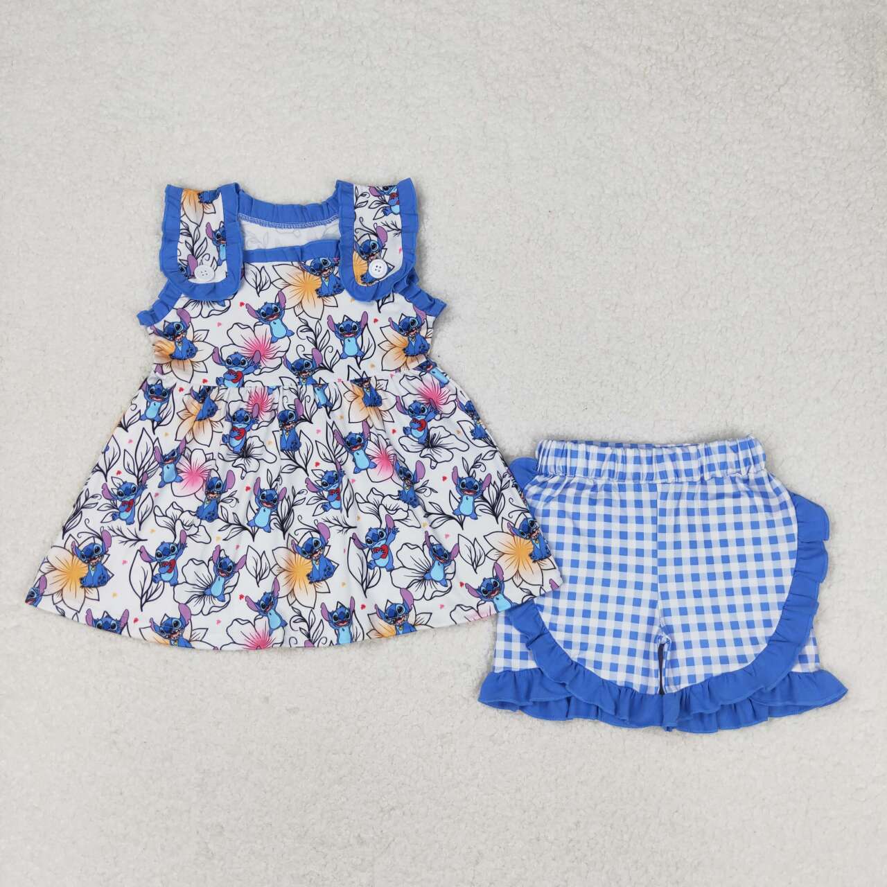 GSSO1040 Floral blue lace sleeveless plaid shorts suit