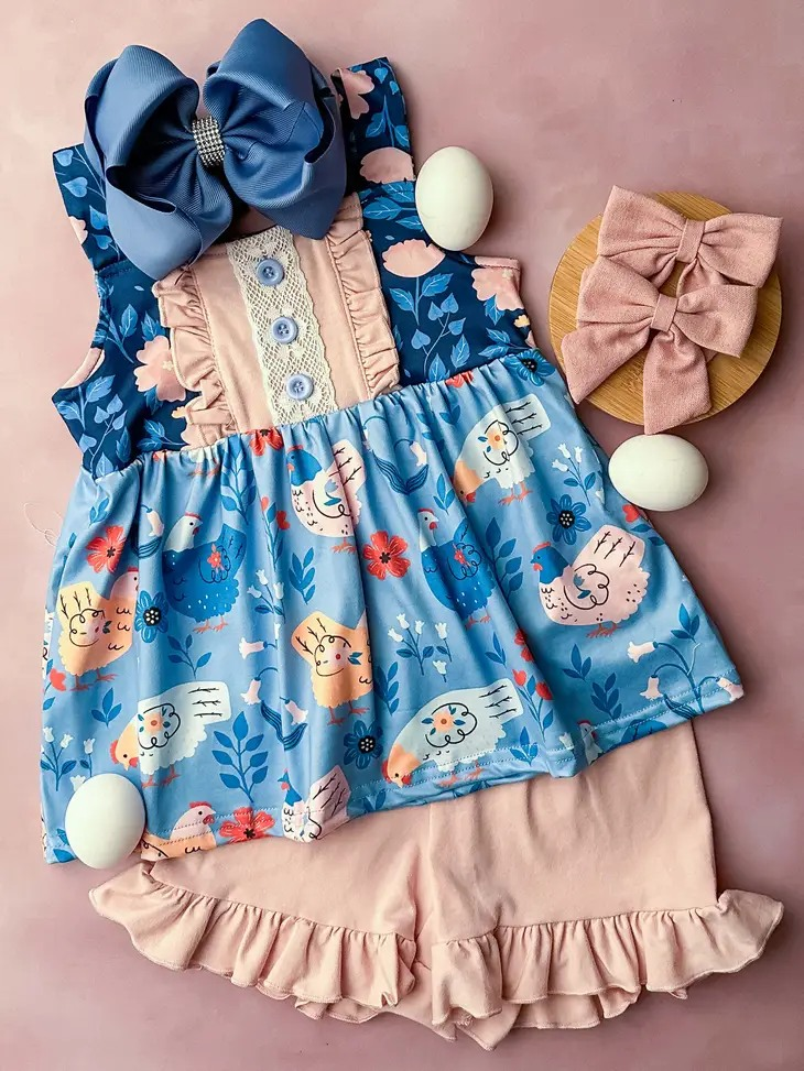 pre-order GSSO1041 Chick Flower Pink Blue Sleeveless Shorts Set