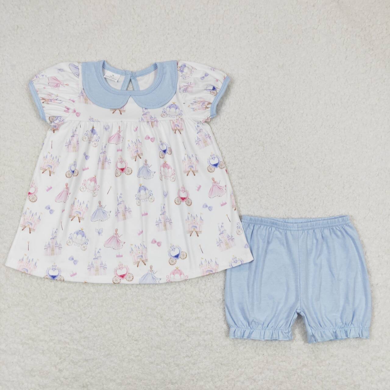 GSSO1046 Princess Castle Blue Doll Collar White Short Sleeve Shorts Suit