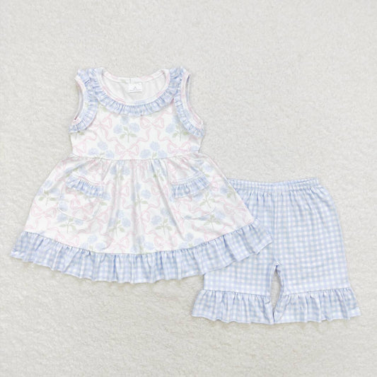 GSSO1051 Blue flower pink bow pattern plaid lace sleeveless shorts suit