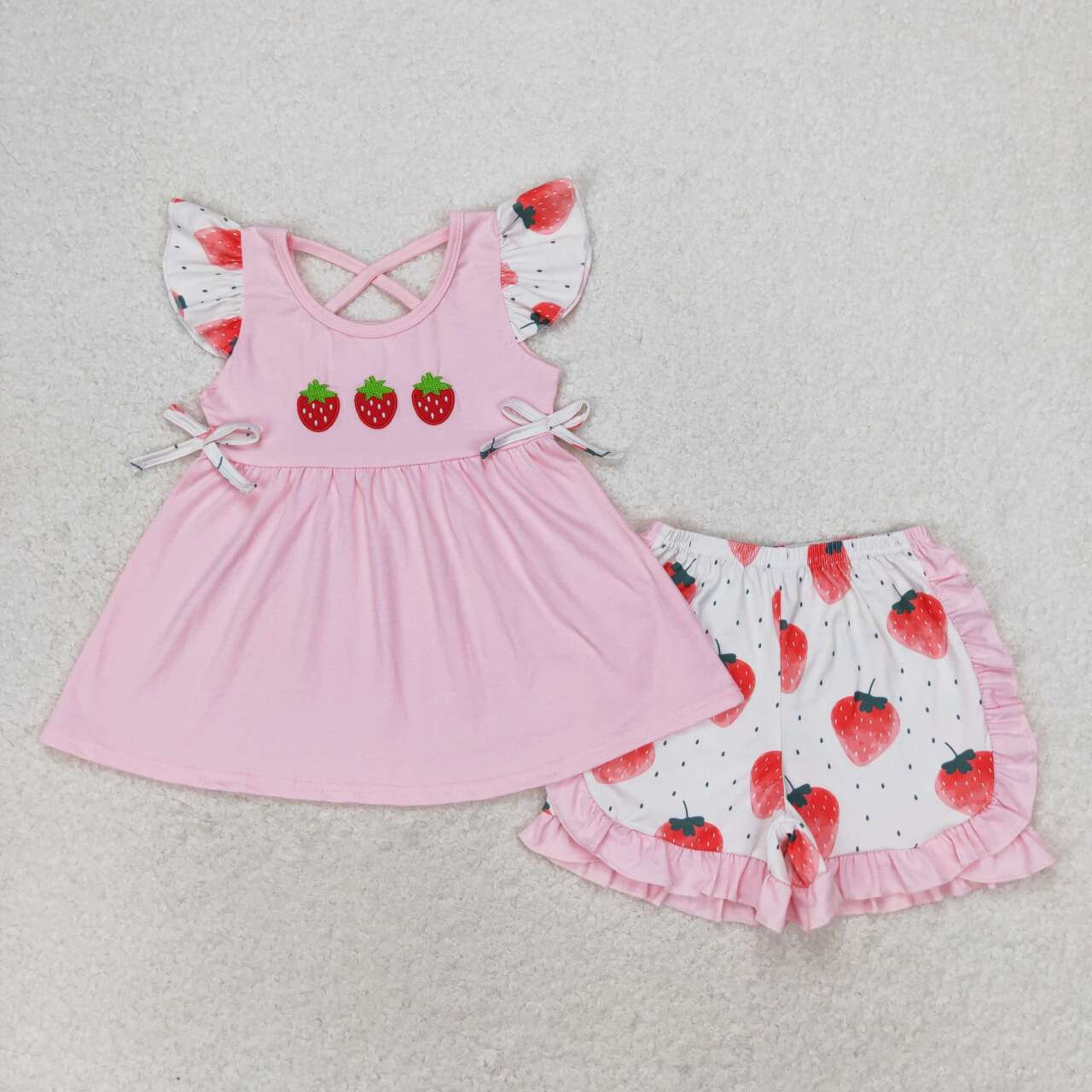 GSSO1054 Embroidered Strawberry Pink Fly Sleeve Shorts Set