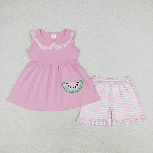 GSSO1055 Embroidered Watermelon Stripe Lace Doll Collar Pink Sleeveless Shorts Set