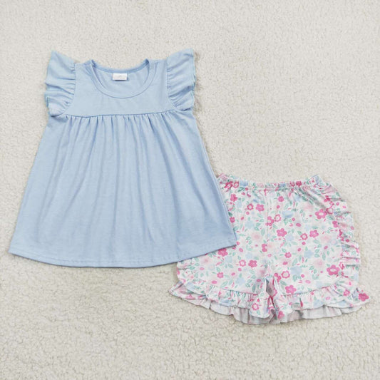 GSSO1056 Solid color flying sleeves powder blue flower print shorts suit