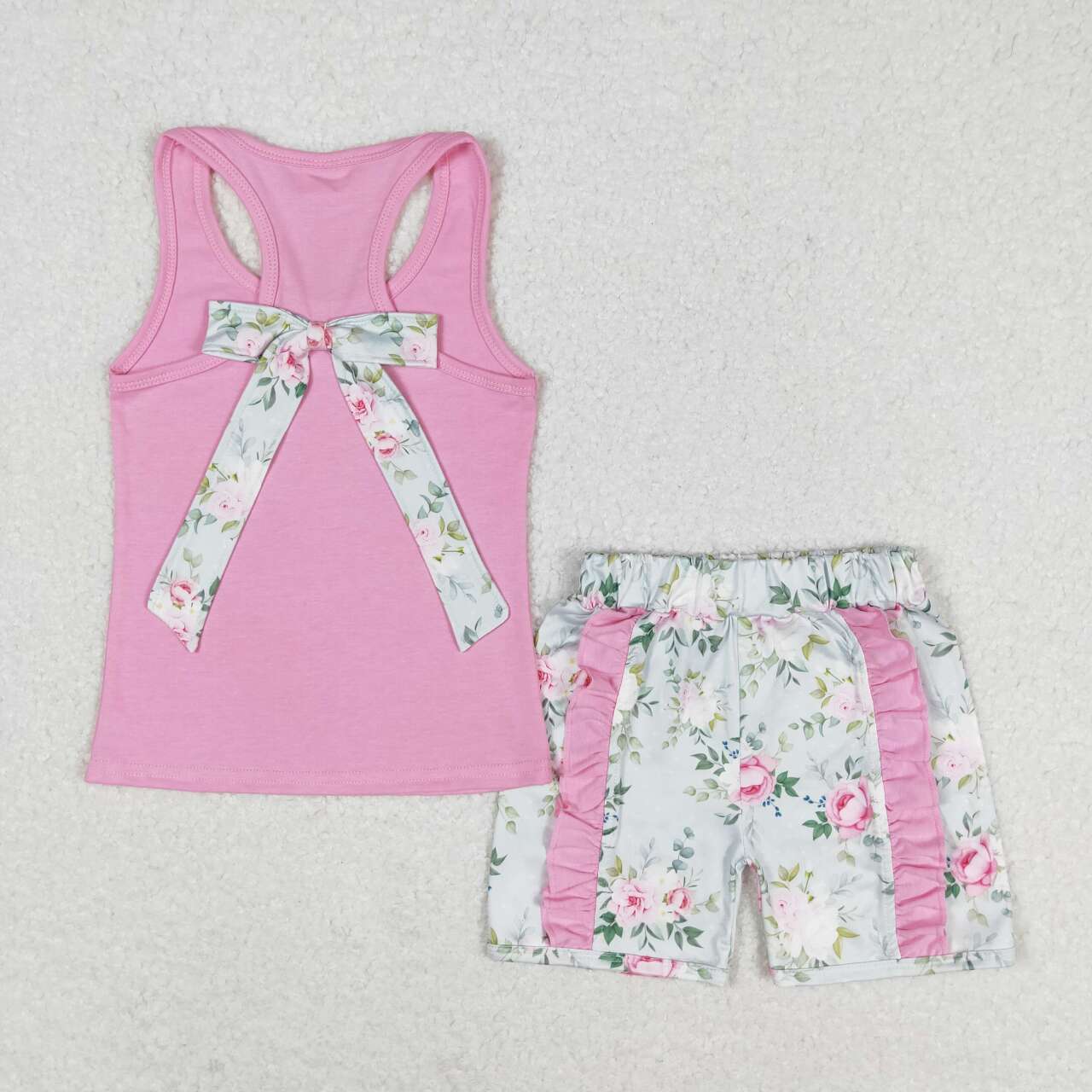 GSSO1059 Flower bow solid color sleeveless pink lace shorts suit