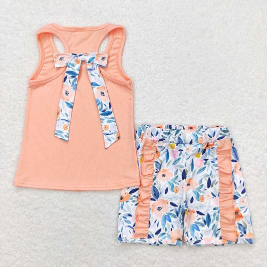 GSSO1061 Flower bow solid color sleeveless orange lace shorts suit