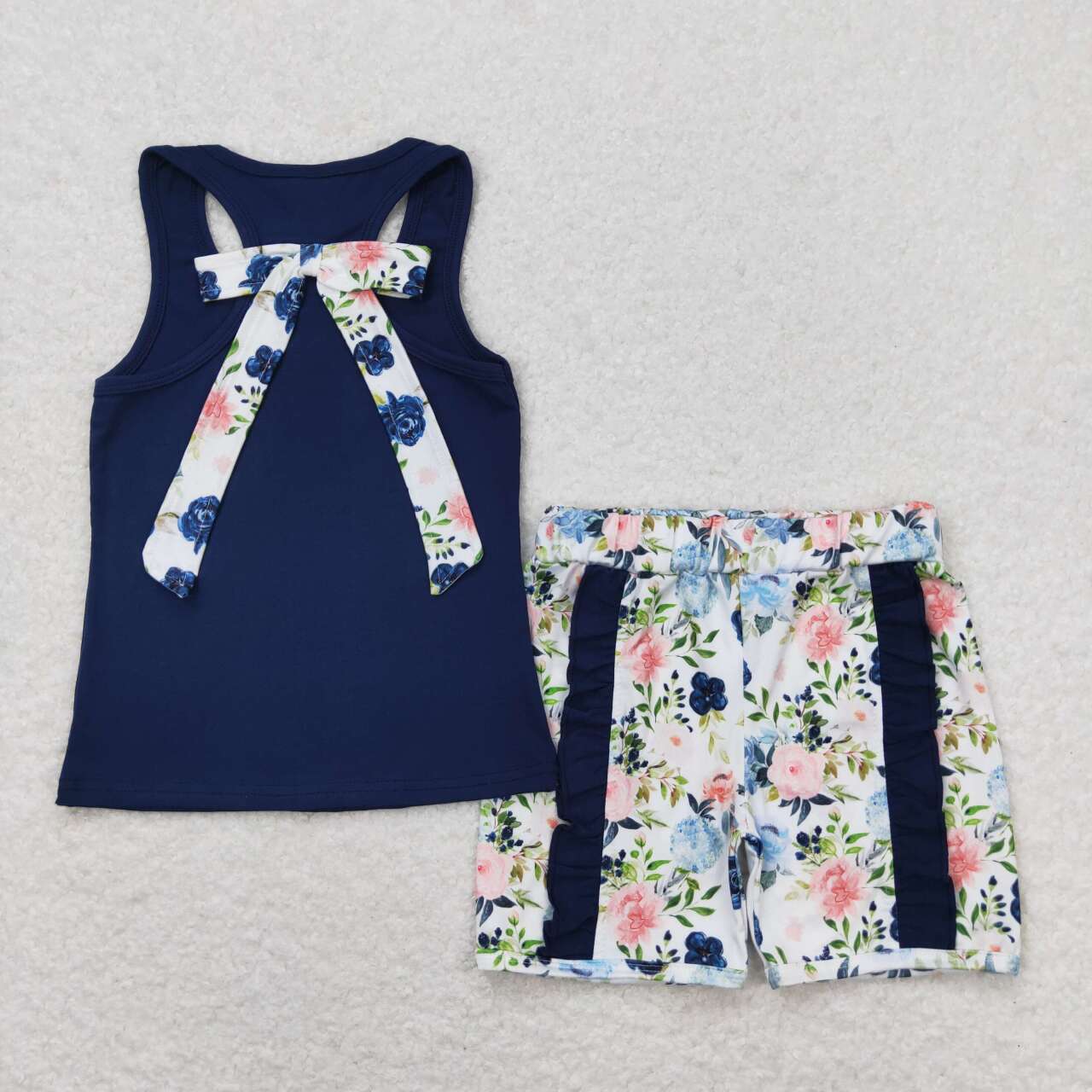 GSSO1062 Flower bow solid color sleeveless navy blue lace shorts suit