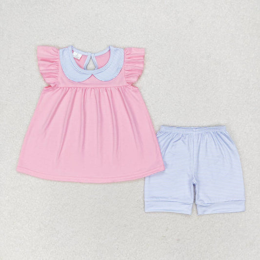 GSSO1064 Blue striped baby doll collar and pink flying sleeve shorts suit