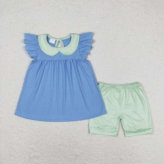 GSSO1067 Green striped doll collar blue flying sleeve shorts suit