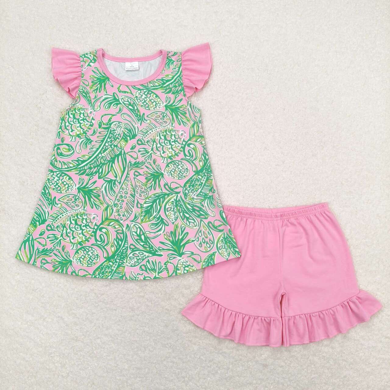 GSSO1083 Seagrass pattern pink and green flying sleeve shorts suit