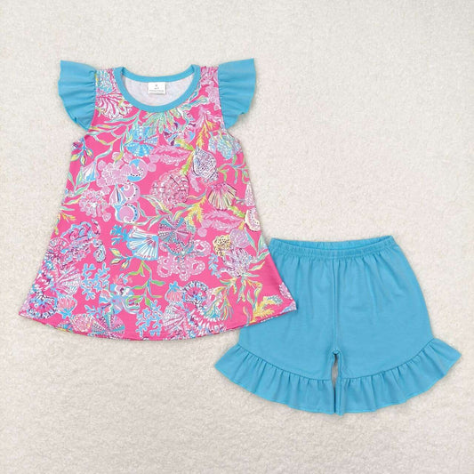 GSSO1086  Seaweed shell rose red flying sleeve blue shorts suit