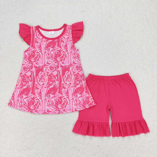 GSSO1087 Flamingo rose red flying sleeve shorts suit