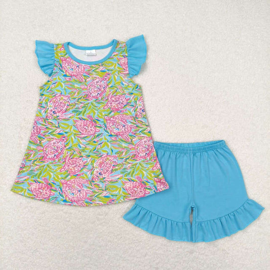 GSSO1095 Turtle seaweed blue flying sleeve shorts suit