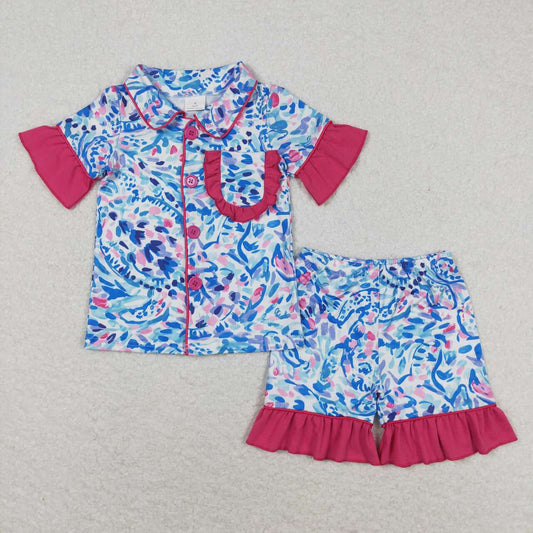 GSSO1096 Turtle Deep Sea Pattern Rose Red Lace Short Sleeve Shorts Pajama Set
