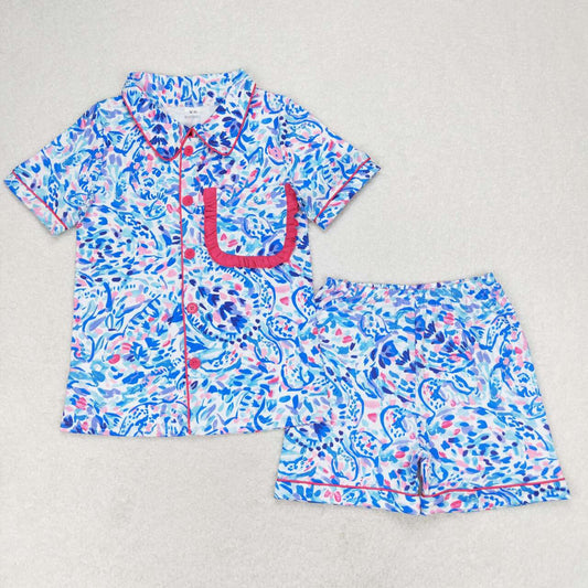 GSSO1097 Adult women turtle deep sea pattern rose red lace short-sleeved shorts pajama set