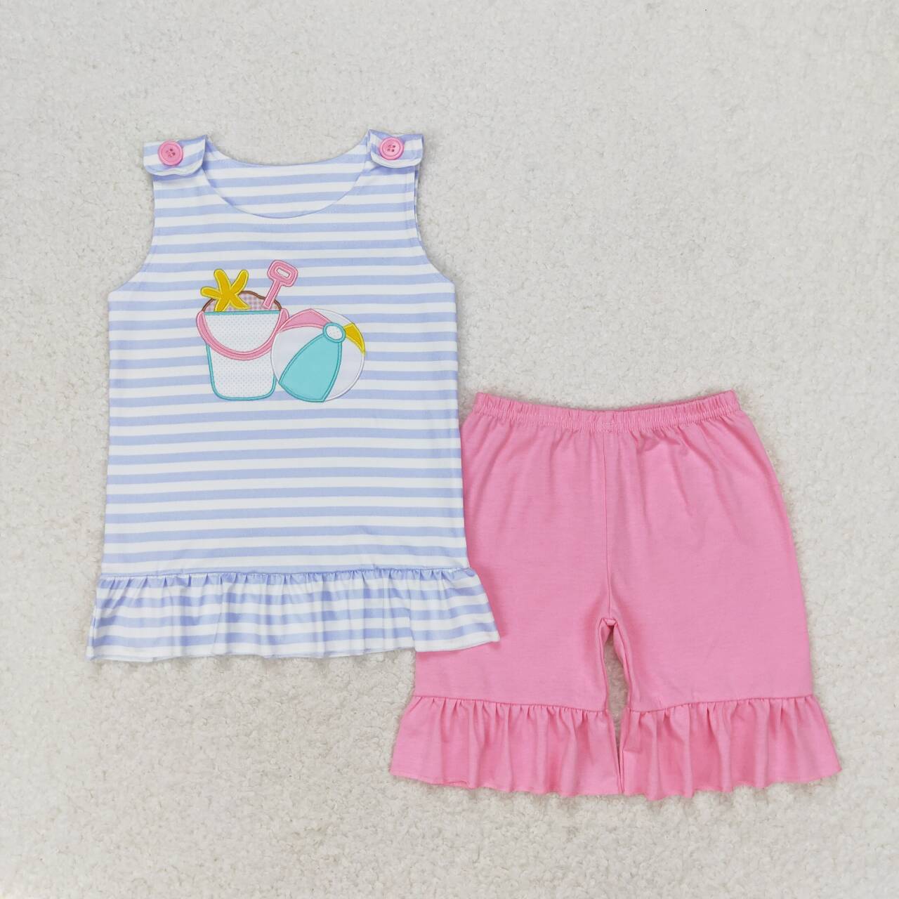 GSSO1442 Beach Ball Starfish Bucket Blue White Stripes Sleeveless set
