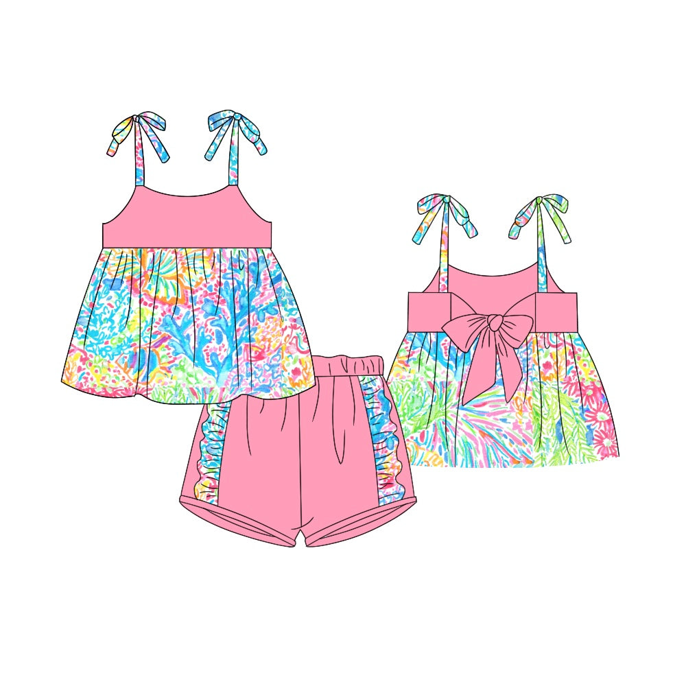 presale GSSO1108 Floral seaweed pattern bow pink suspender lace shorts set
