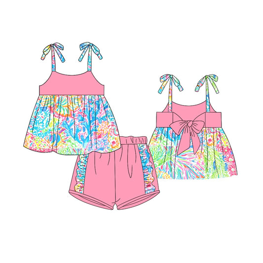 presale GSSO1108 Floral seaweed pattern bow pink suspender lace shorts set