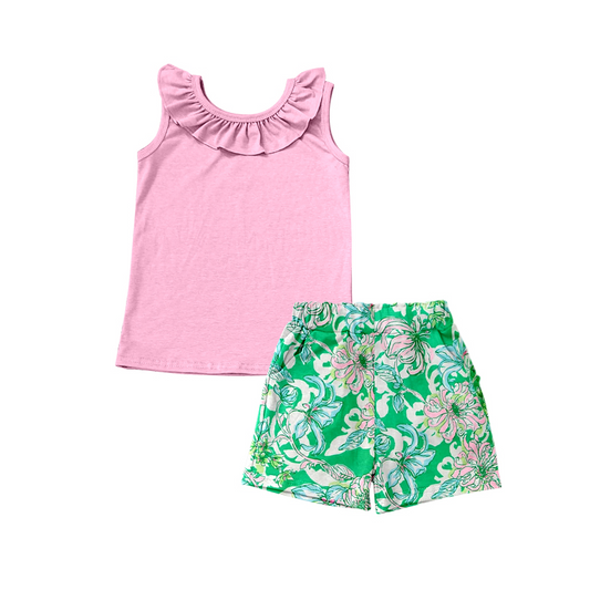 presale GSSO1110 Solid pink lace sleeveless green shorts suit