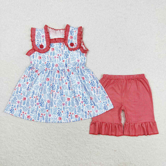 GSSO1112 Flower Blue Leaf Sleeveless Red Plaid Lace Shorts Set