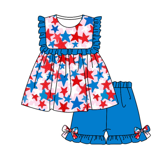presale GSSO1114 National Day Star Blue Lace Sleeveless Shorts Set