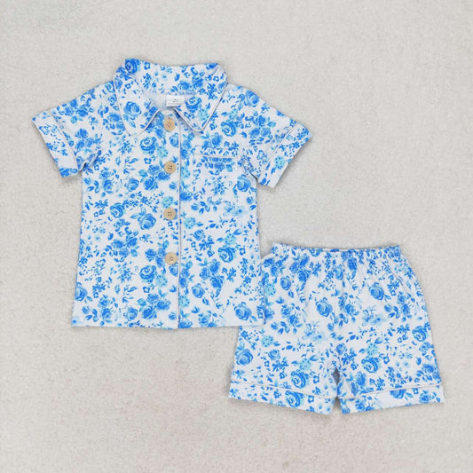 GSSO1120 Blue floral white short-sleeved shorts pajama set