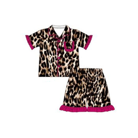 GSSO1121 Leopard print rose red lace short-sleeved shorts pajama set