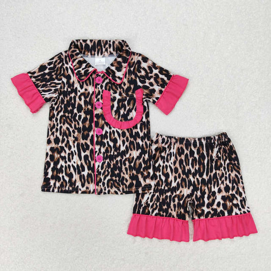 GSSO1121 Leopard print rose red lace short-sleeved shorts pajama set