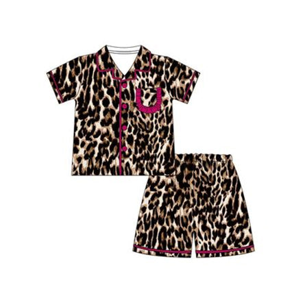 presale GSSO1122 Adult women's leopard print rose red lace short-sleeved shorts pajama set