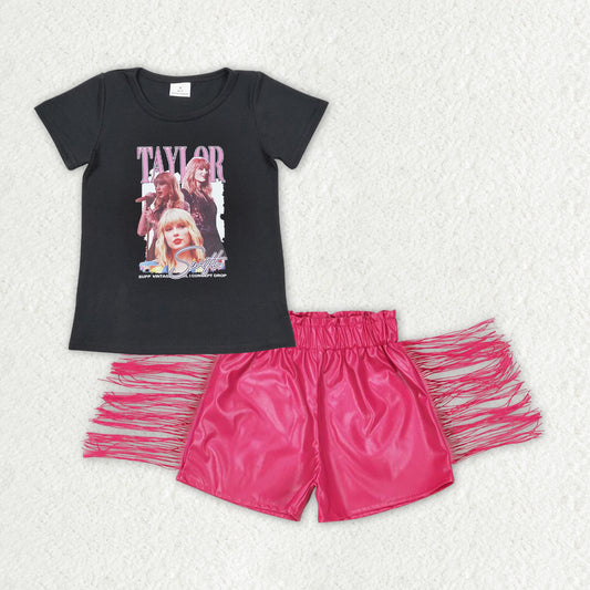 GSSO1123 Baby Girls Black Shirts Tops Leather Hot Pink Tassel Shorts Clothes Sets