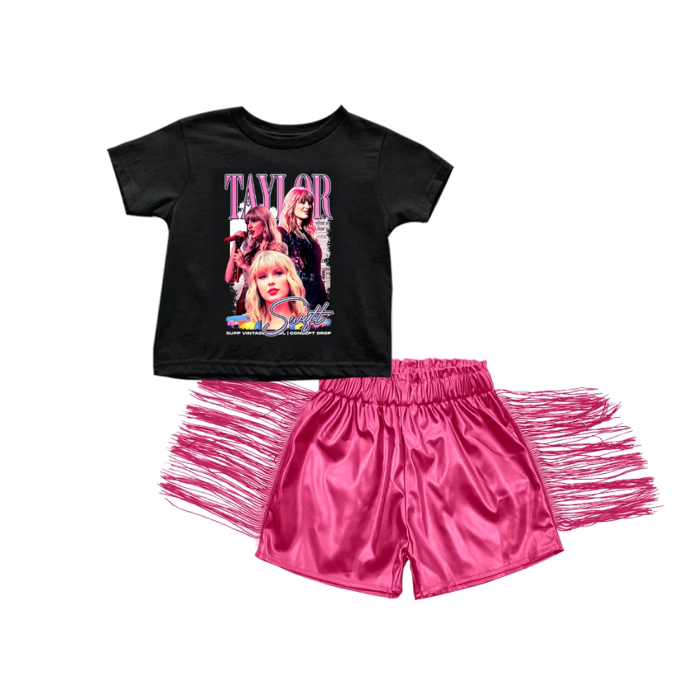 GSSO1123 Black short-sleeved rose red shiny leather tassel shorts suit with letters