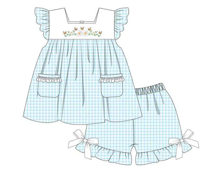 presale GSSO1124 Butterfly flower blue and white plaid pocket flying sleeve shorts suit