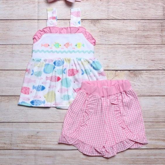 presale GSSO1125 Little fish pink lace sleeveless plaid shorts suit